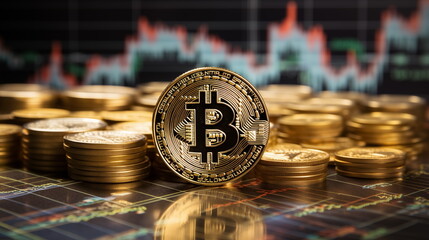 3D gold Bitcoin on price candlestick chart background. Dark trading chart Background. Crytocurrency chart. Generated AI.