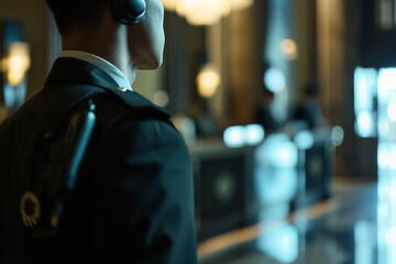 close-up of a hotel security personnel monitoring the premises, emphasizing the commitment to safety and security in a minimalistic photo - obrazy, fototapety, plakaty