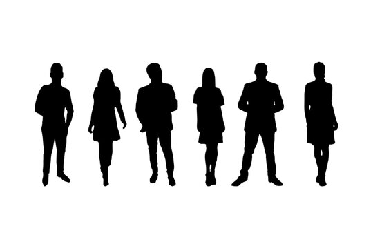 Vector silhouettes man and woman, couple, business people, group , standing, black color, isolated on white background
