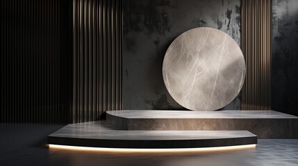 Obraz premium Empty Room Interior with 3D Marble Podium For Product Presentation, Vector Illustration of a Clean and Dark Business Concept Stage, Featuring a Round Podium under Natural lighting