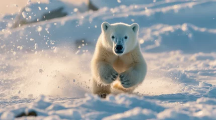 Foto op Plexiglas A baby polar bear running through the snow © Ruslan Gilmanshin