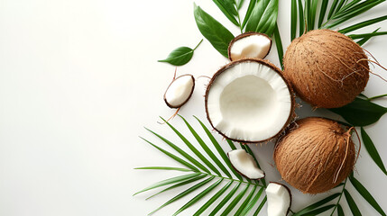 Fototapeta na wymiar Fresh coconuts on Isolated Whtie background, creative flat lay healthy food concept, Free Copy Space, Generative Ai