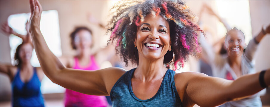 Woman have a fun at joga dance in fitness interiors.