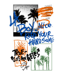 Graffiti text print and palm tree summer beach print , graffiti art of Los angels,  graffiti slogan print with spray effect for graphic tee t shirt or sweatshirt - Vector