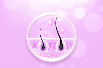 Hyaluronic acid hair and skin solutions ad, pink collagen serum drop into skin cells with cosmetic advertising background ready to use, illustration vector.