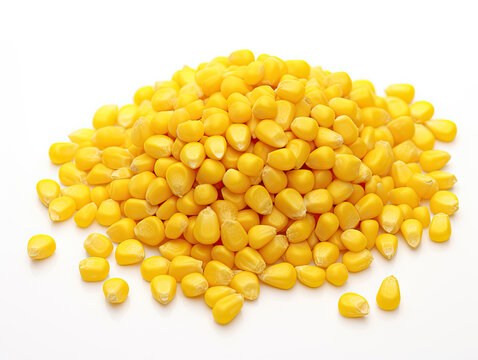 Vibrant yellow corn kernels on a pristine white background, renowned for their sweet freshness, perfect for a myriad of delectable dishes