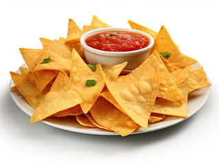 Cheese nachos, vibrant on white background, unite gooey cheese, zesty salsa, and a kick of spice for a flavorful, isolated indulgence - obrazy, fototapety, plakaty