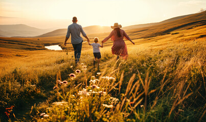Happy family walking together in the summer meadow in the soft sunset light - obrazy, fototapety, plakaty