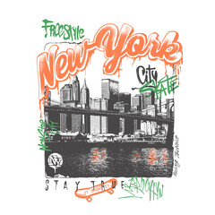 Hand Draw New York City with Graffiti text print, Urban typography street art graffiti slogan print, vector city view, Tags, spray, graffiti, signs © sumonsharif