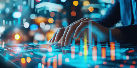 Businessman uses touch interface analyzes stock market data, close-up - obrazy, fototapety, plakaty