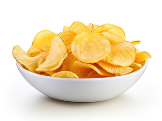Crispy addictive potato chips—isolated on white; a mound of thin delights, famed for their irresistible saltiness