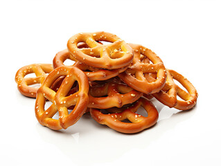 Savory pretzels, stacked on a pristine white backdrop, showcase their iconic saltiness and crunch, enticing as a beloved snack