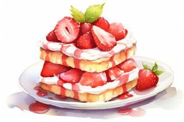 Delicious Strawberry Cream Cake on a Fresh Homemade Plate: Tempting Gourmet Breakfast with a Sweet Red and White Pastry Stack on a Background of Blueberry Pancakes and Raspberry Sauce.