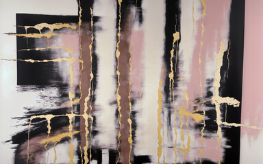 Abstract painting background with alcohol ink, glitter, pink, beige, black and gold spots and smudges.