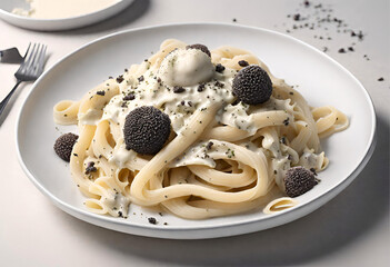 Silky Alfredo sauce and a finely shaved truffle sit atop rich pasta that has been infused with truffles. AI Generative