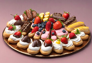 A dessert tray with bite-sized sweets like fruit tarts, eclairs, and strawberries covered in chocolate. AI Generative