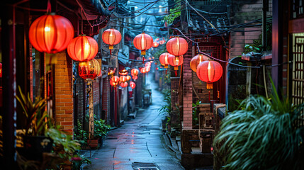 A traditional East Asian street with red lanterns narrow alleys and old brick buildings.