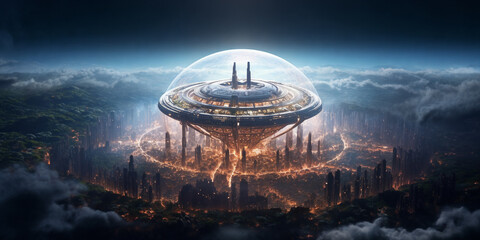 a futuristic city surrounded by clouds and a giant glass ball in the middle of the sky with a city in the middle, generative ai