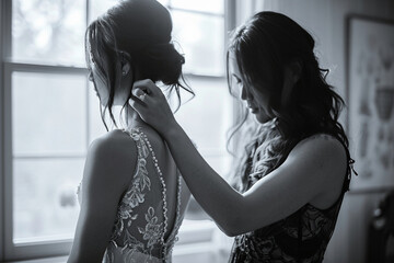 wedding coordinator assisting a bride with her gown or accessories, emphasizing the supportive and hands-on role played in ensuring a stress-free wedding day in a minimalistic phot - obrazy, fototapety, plakaty