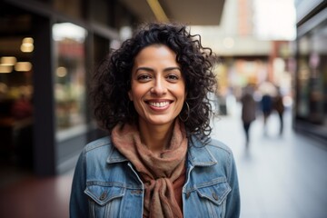 Portrait of a grinning indian woman in her 40s sporting a rugged denim jacket against a bustling shopping mall. AI Generation