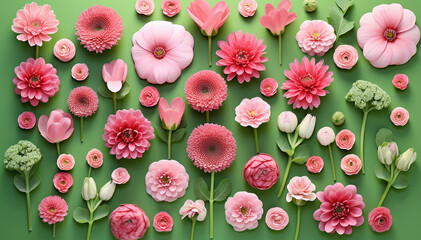 Fototapeta premium Mother day. Flowers isolated on green background top view. Mixed flower arrangements. Blooms for mom. Copy space. Wedding concept. Bride beautiful bouquet. Birthday, Valentine day. Banner