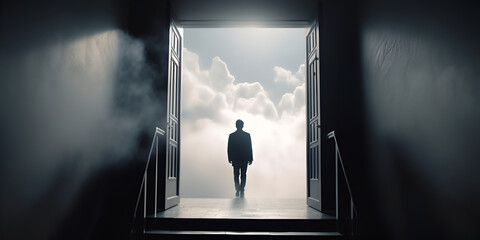 A man in front of an open door.  success. business movement. Reflection on Goals and Open...