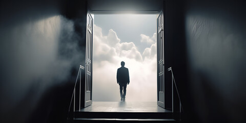 A man in front of an open door.  success. business movement. Reflection on Goals and Open Opportunities