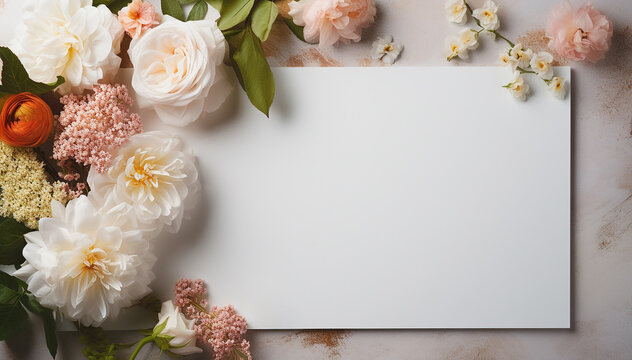 Framed flowers for Mother Day with blank template letter copy space. Wedding flower shop concept. Event floral design. Modern floral studio. Fresh flower for Valentine Day gift. Banner