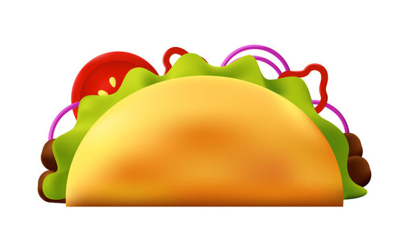 3d Tacos Icon Isolated on White Background. Mexican Cuisine. Traditional Fast Food. Vector Illustration.