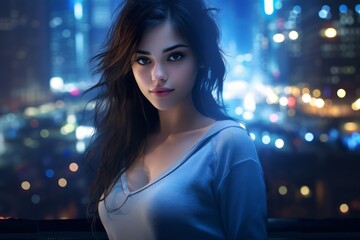 Obraz premium Portrait of a satisfied woman in her 30s sporting a long-sleeved thermal undershirt against a glittering city nightlife. AI Generation