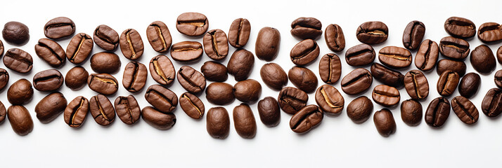Obraz premium Panoramic coffee beans isolated on a white background in the top view