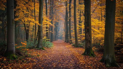 A tranquil Eastern European forest path in autumn lined with golden leaves and ancient trees.