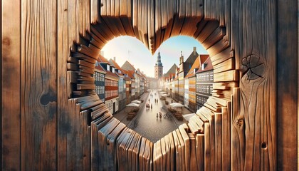 Heart-Shaped Cut-Out in a Wooden Plank. A Danish looking like town can be seen through it, with its colorful buildings. Travel concept