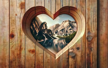 Heart Shaped Cut-Out in a Wooden Plank. A mountain landscape with a lake can be seen through it. Travel concept