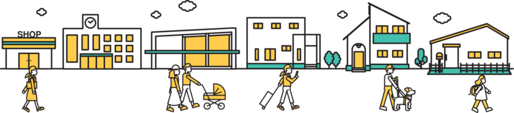 学校や低層住居が多い地域の街並みのシンプルな線画のイラストF（人物）