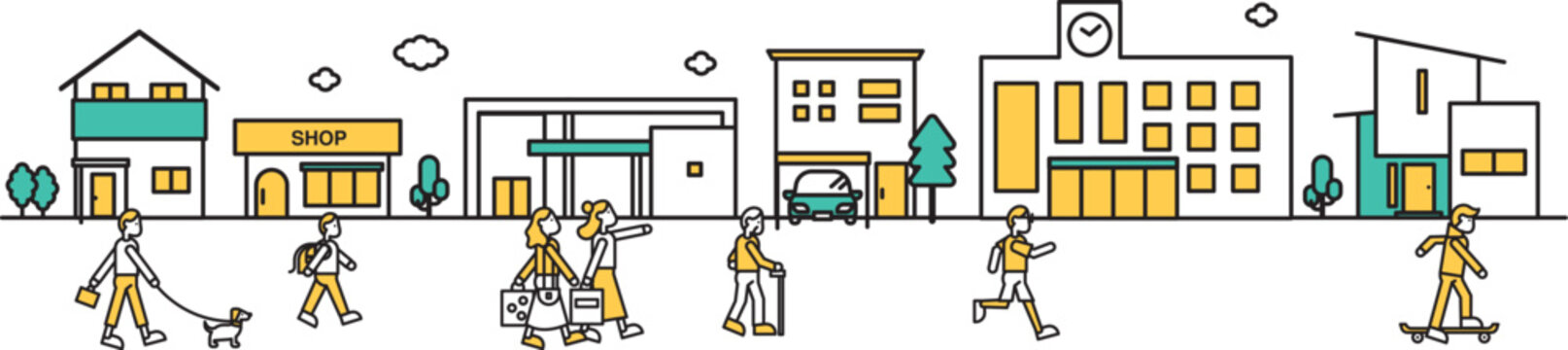 学校や低層住居が多い地域の街並みのシンプルな線画のイラストE（人物）