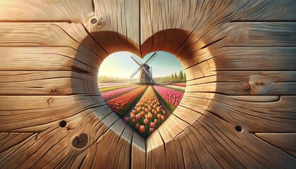Heart-Shaped Cut-Out in a Wooden panel. A tulip field and an old windmill can be seen through it. Travel concept for The Netherlands