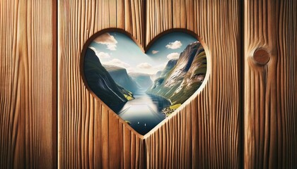 Heart-Shaped Cut-Out in a Wooden Panel. A Fjord is visible through it. Travel Concept for Norway