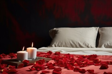 Bed in a hotel with candles, red roses and petals. White linens. Honeymoon, or Valentine's Day