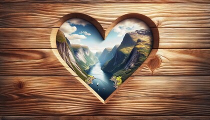 Heart-Shaped Cut-Out in a Wooden Panel. A Fjord is visible through it. Travel Concept for Norway