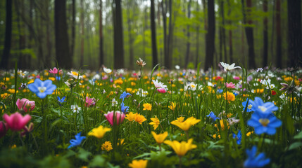 Spring field of flowers in the middle of a forest