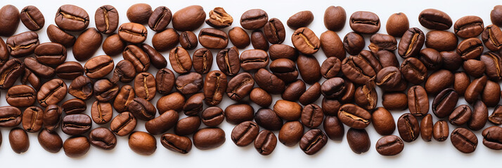 Fototapeta premium Panoramic coffee beans isolated on a white background in the top view