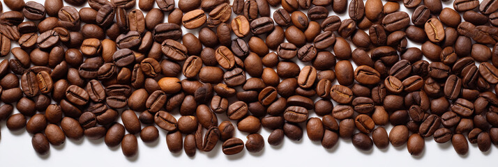 Obraz premium Panoramic coffee beans isolated on a white background in the top view