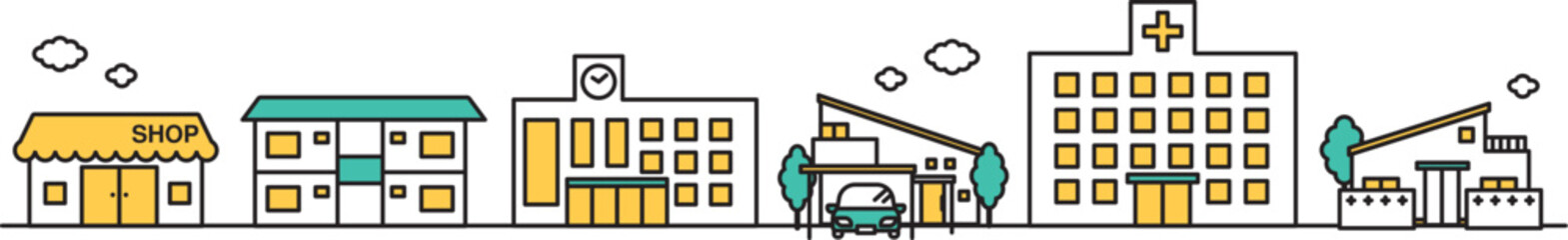 Obraz premium 病院や大学が近くにある街並みのシンプルな線画のイラストA