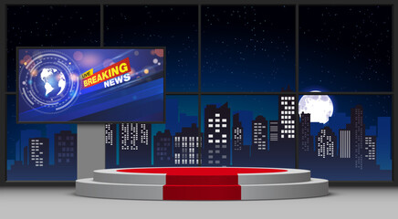 red stand and led screen in the news studio room with city in the night background