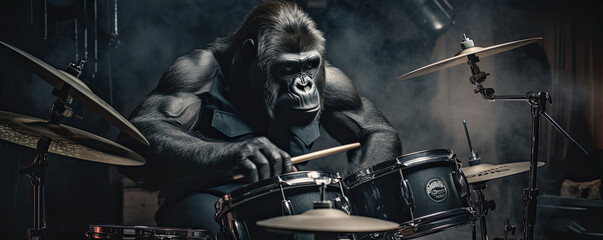Gorilla playing at drumms in a Band. Funny Gorilla rock band.
