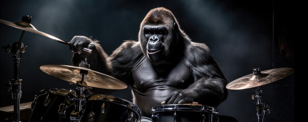 Fototapeta na wymiar Gorilla playing at drumms in a Band. Funny Gorilla rock band.