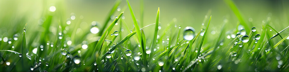 Fototapeta na wymiar Droplets banner of morning dew on green grass