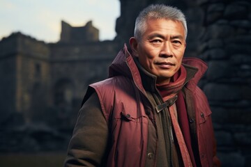 Fototapeta premium Portrait of a content asian man in his 60s dressed in a water-resistant gilet against a backdrop of ancient ruins. AI Generation