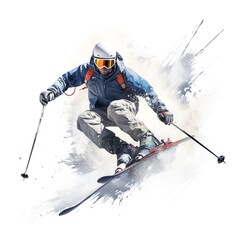 Freestyle skier in action, isolated on white background. Watercolor painting.AI.